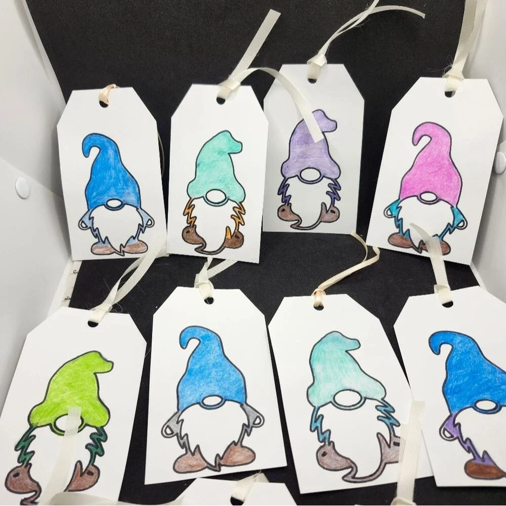 Hand Crafted Colorful Gnome Gift Tags Thank You Cards Set of 12